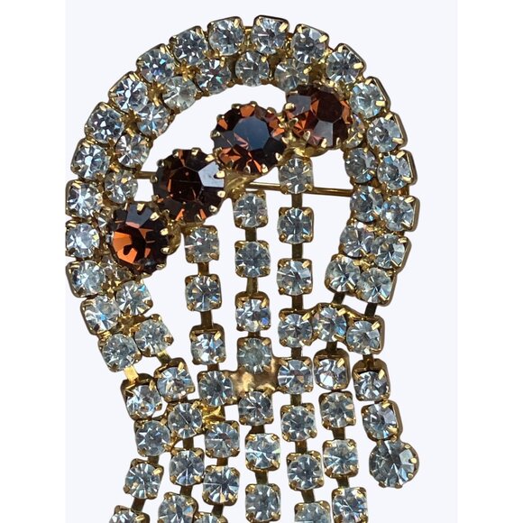 Rhinestone Brooch With Cascading Clear and Amber Crystals Vintage - Picture 3 of 16